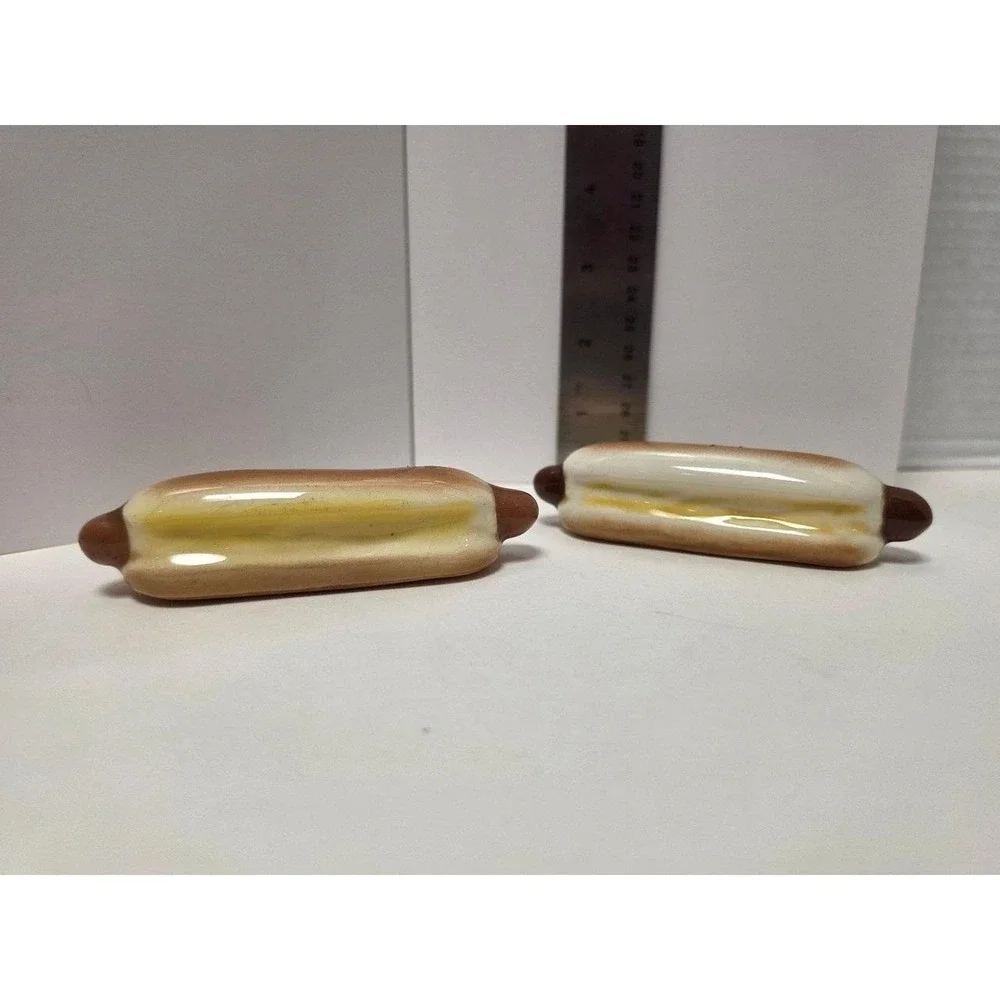 vintage Virginia Ann Ceramics salt and pepper shakers shaped like hot dogs